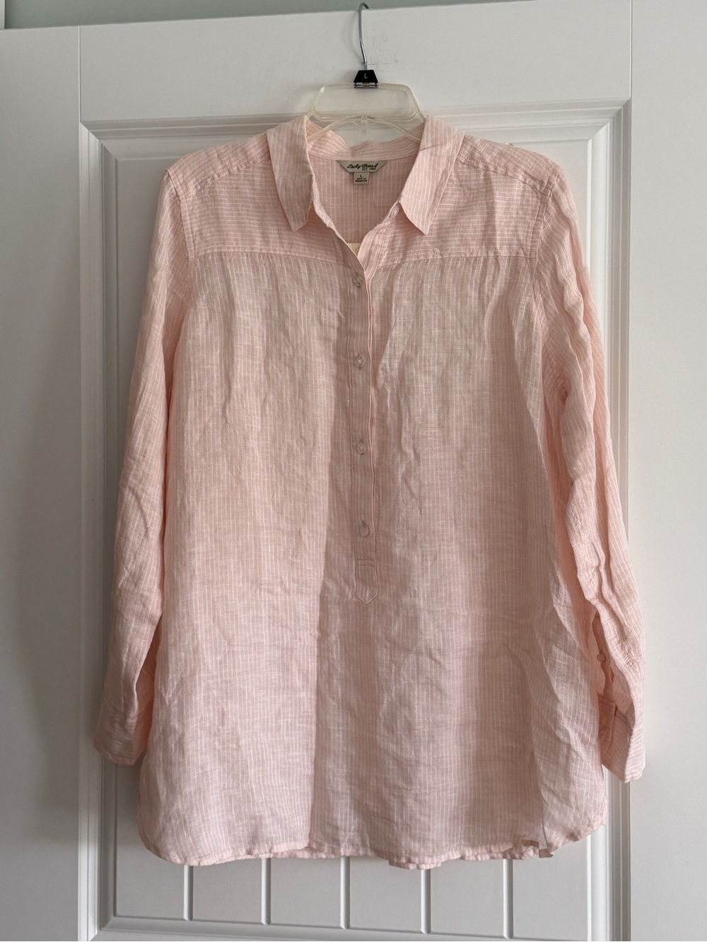 NWT Lucky Brand Pink & White Linen-Blend Button Front Long Sleeve Shirt Sz L